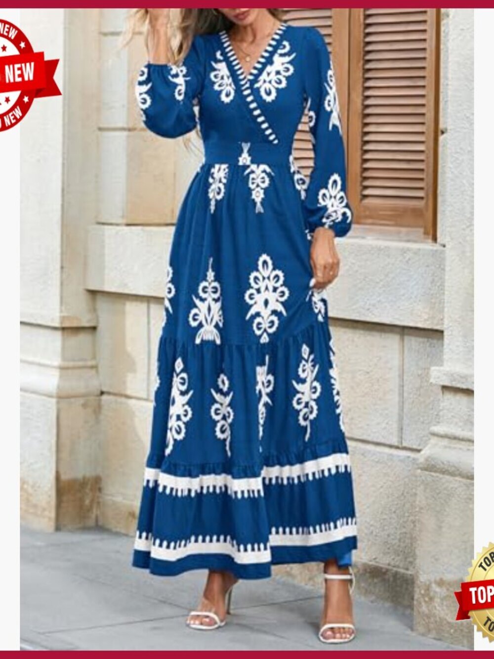 Long Sleeve V-Neck Maxi Dress, Boho Floral, Flowy A-Line, Wedding Guest - Picture 3 of 7